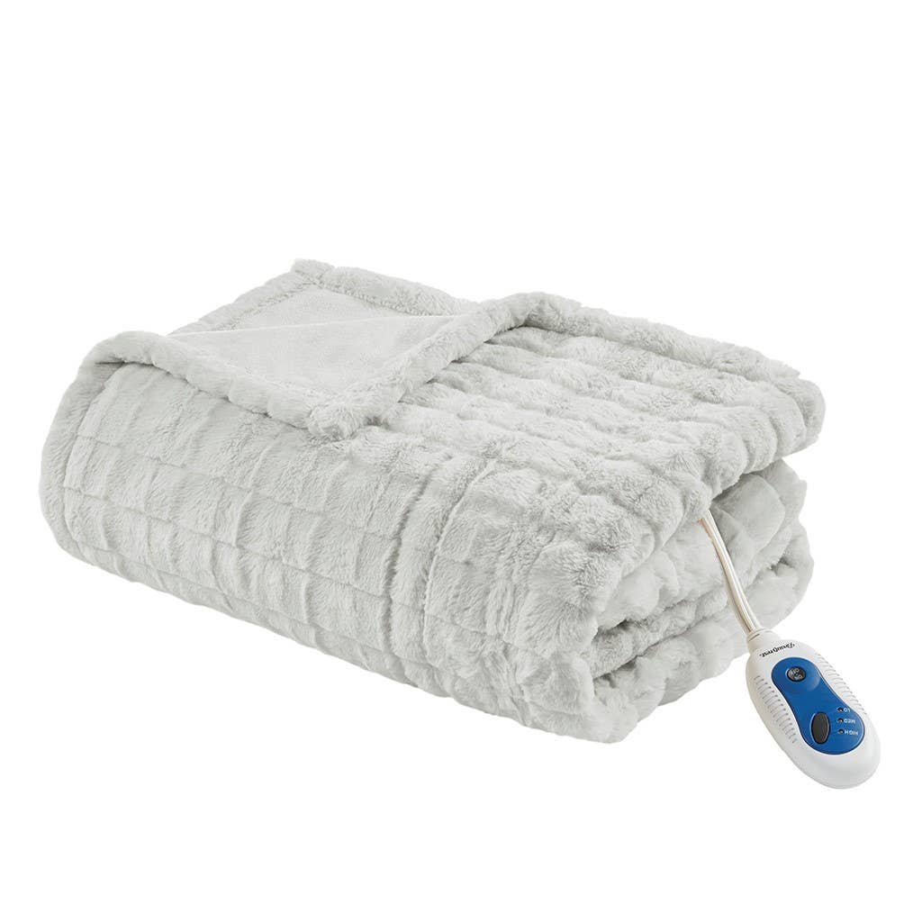 Oversized Textured Faux Fur Heated Throw Blanket: Ivory