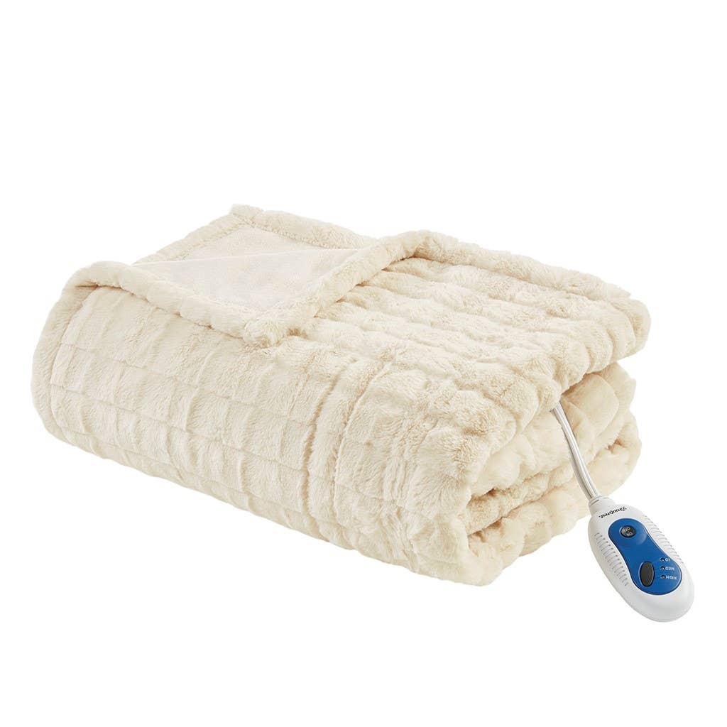 Oversized Textured Faux Fur Heated Throw Blanket: Ivory