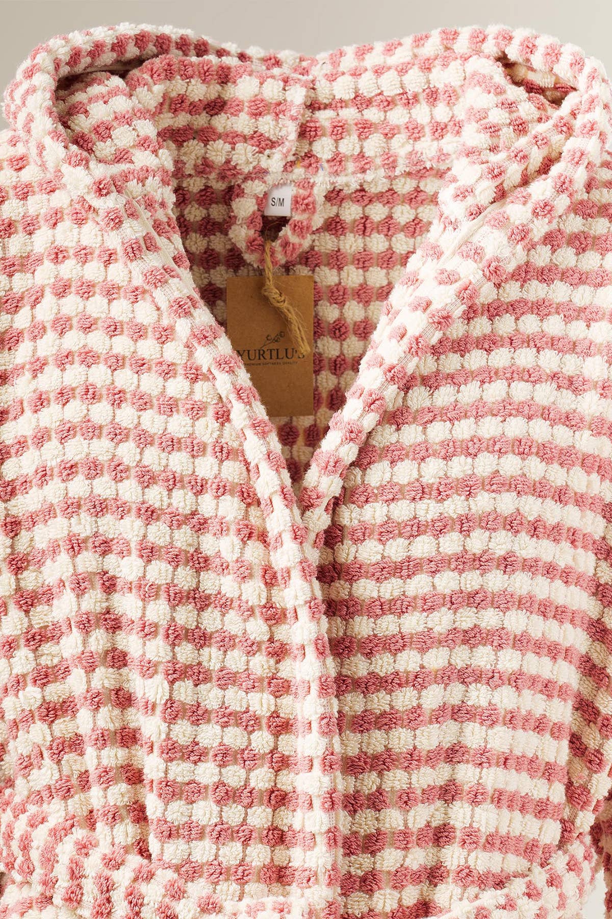 Unique 100% Cotton Pockets Bathrobe, Bubble Handwoven Robe: Dried Rose / L-XL