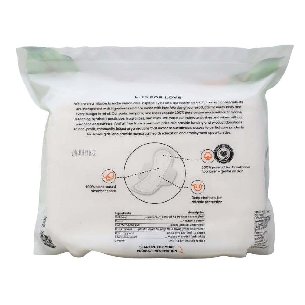 L. Ultra Thin Pads with Wings, Regular, 100% Pure Cotton Top Layer, 56 Count