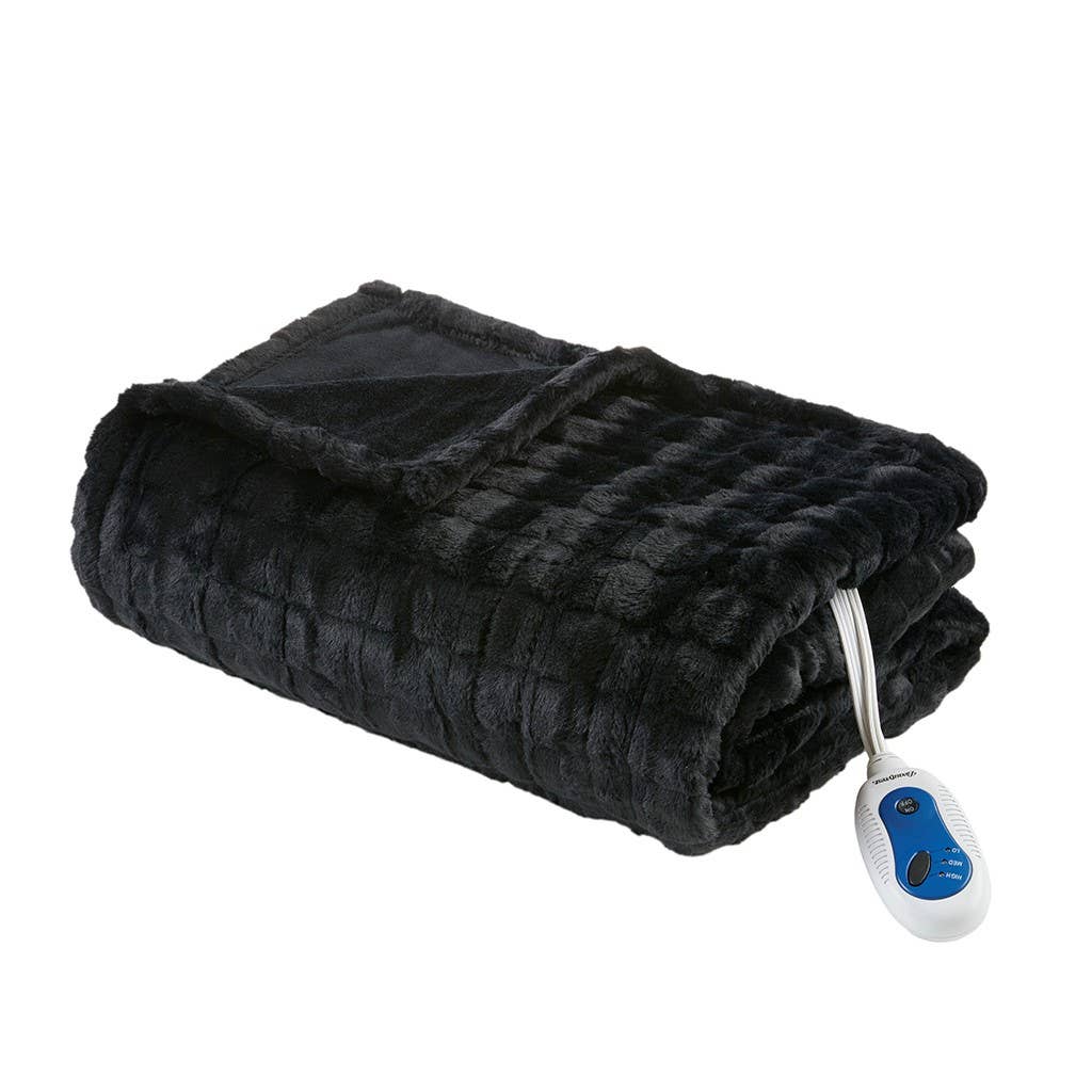 Oversized Textured Faux Fur Heated Throw Blanket: Ivory