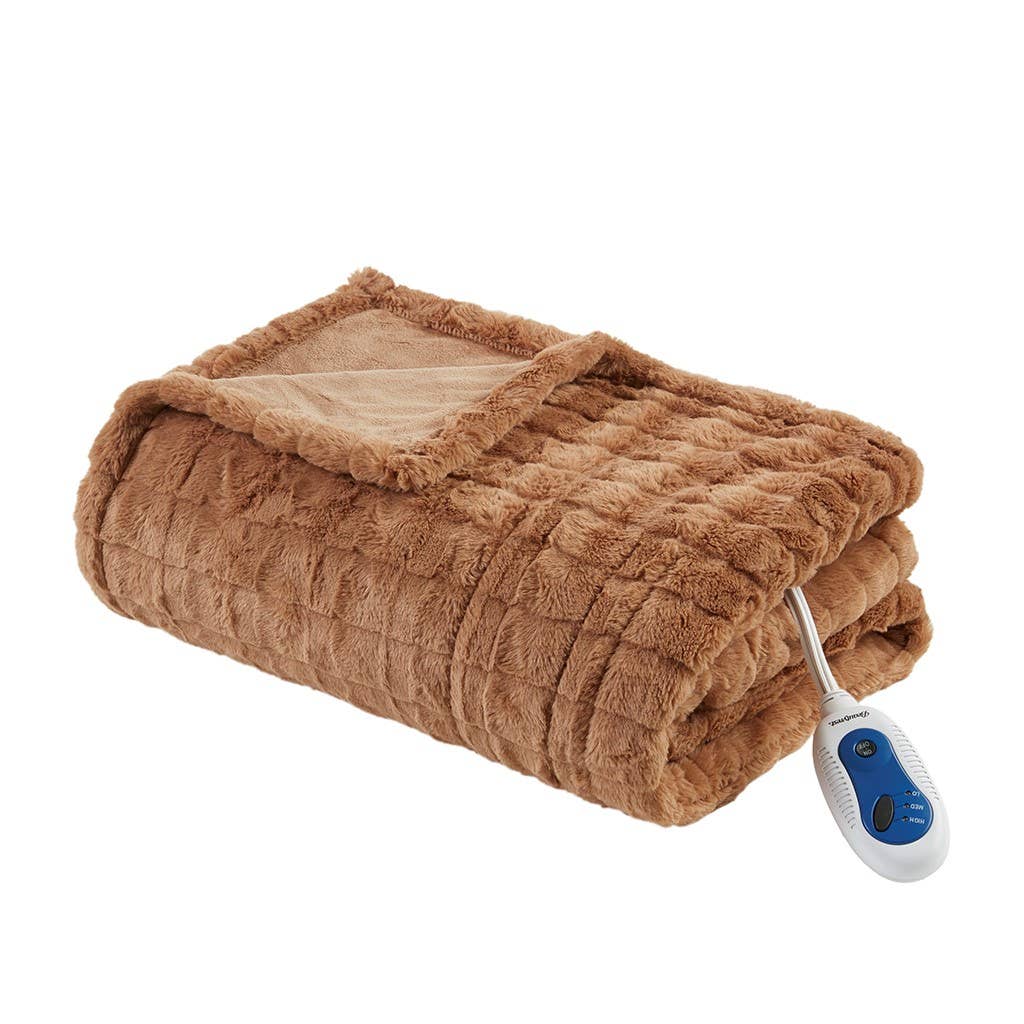 Oversized Textured Faux Fur Heated Throw Blanket: Ivory