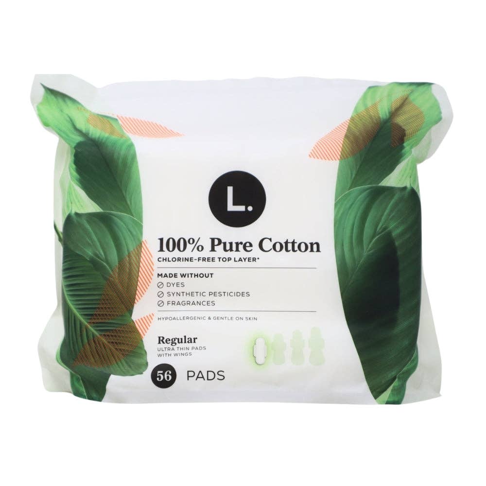 L. Ultra Thin Pads with Wings, Regular, 100% Pure Cotton Top Layer, 56 Count